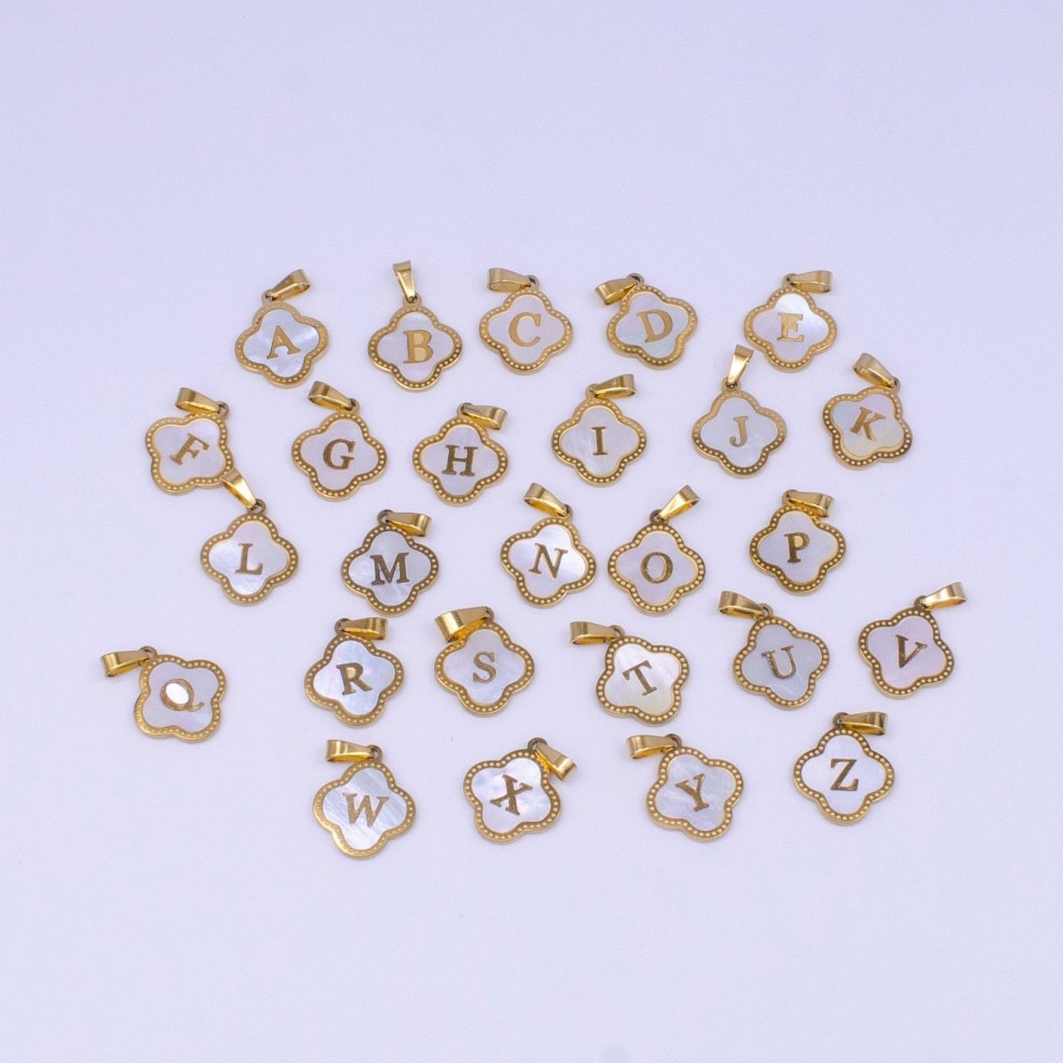 Stainless Steel A-Z Initial Letter Shell Pearl Quatrefoil Clover Silver Pendant Lucky Charm | A-754-A-766