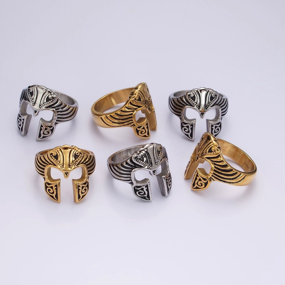 Stainless Steel Artisan Warrior Helmet Open Ring in Gold & Silver | O1228 - O1233