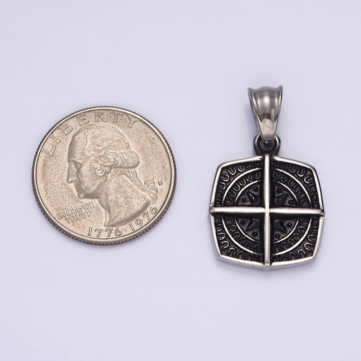 Stainless Steel Bar Celestial Star Rounded Engraved Edged Square Pendant | P-765