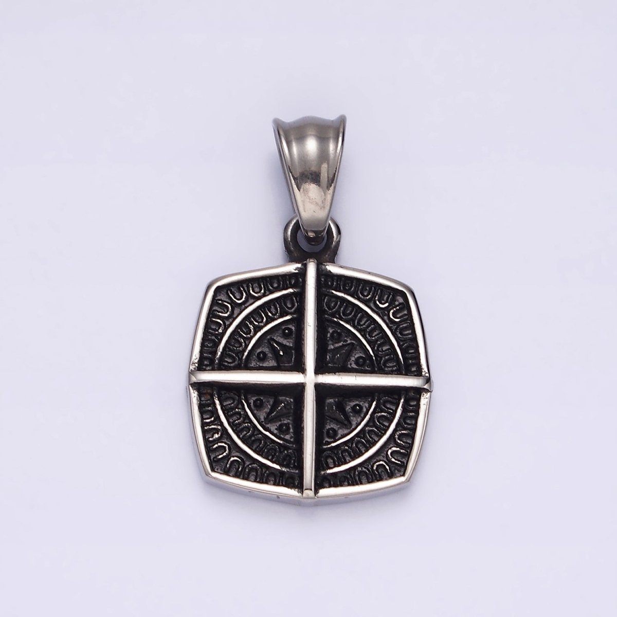 Stainless Steel Bar Celestial Star Rounded Engraved Edged Square Pendant | P-765