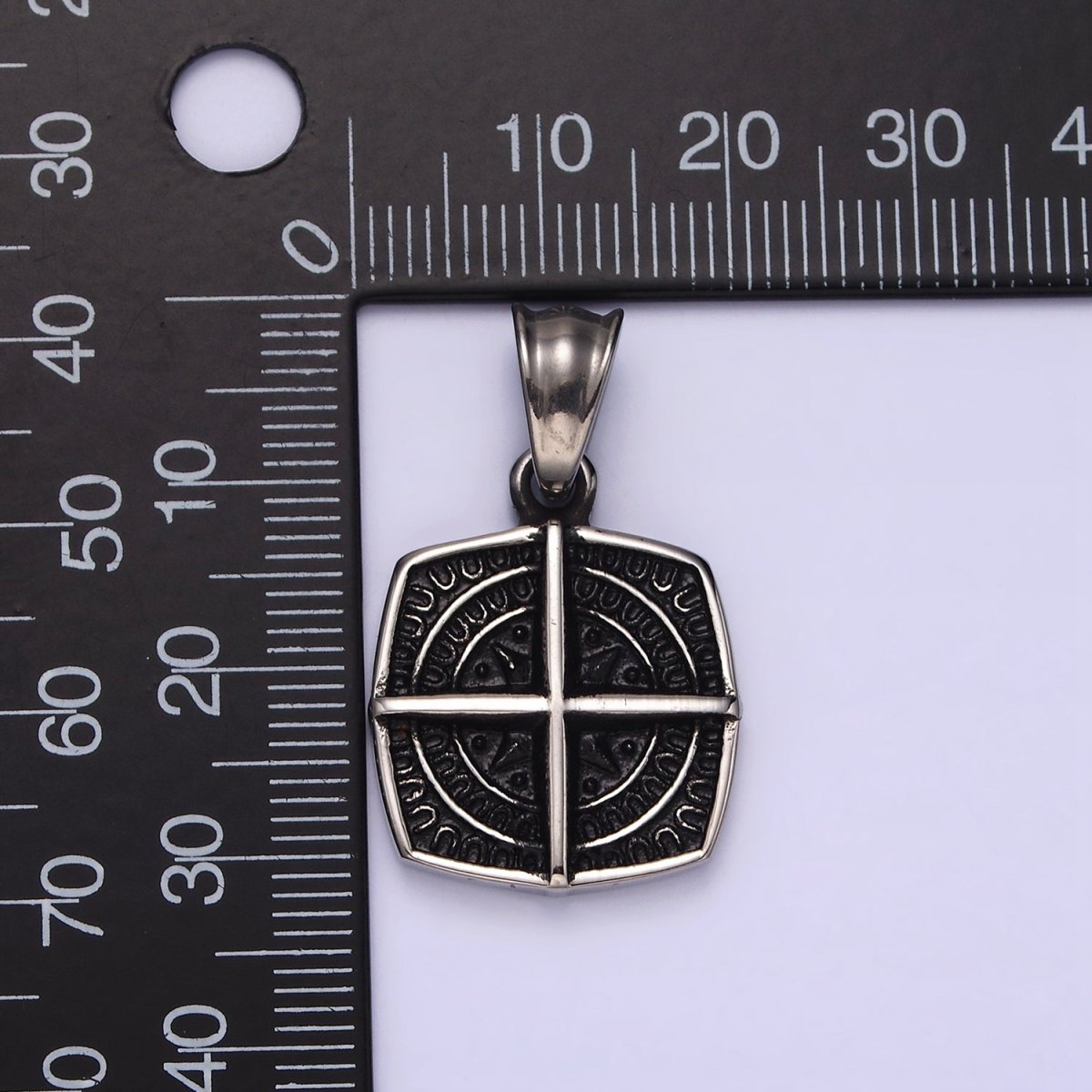 Stainless Steel Bar Celestial Star Rounded Engraved Edged Square Pendant | P-765