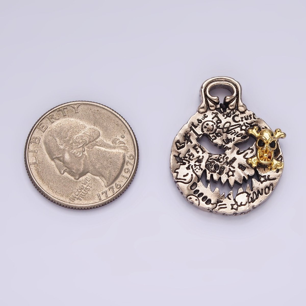 14K Gold Filled Skeleton Engraved Script Hammered Mixed Metal Pendant | P862