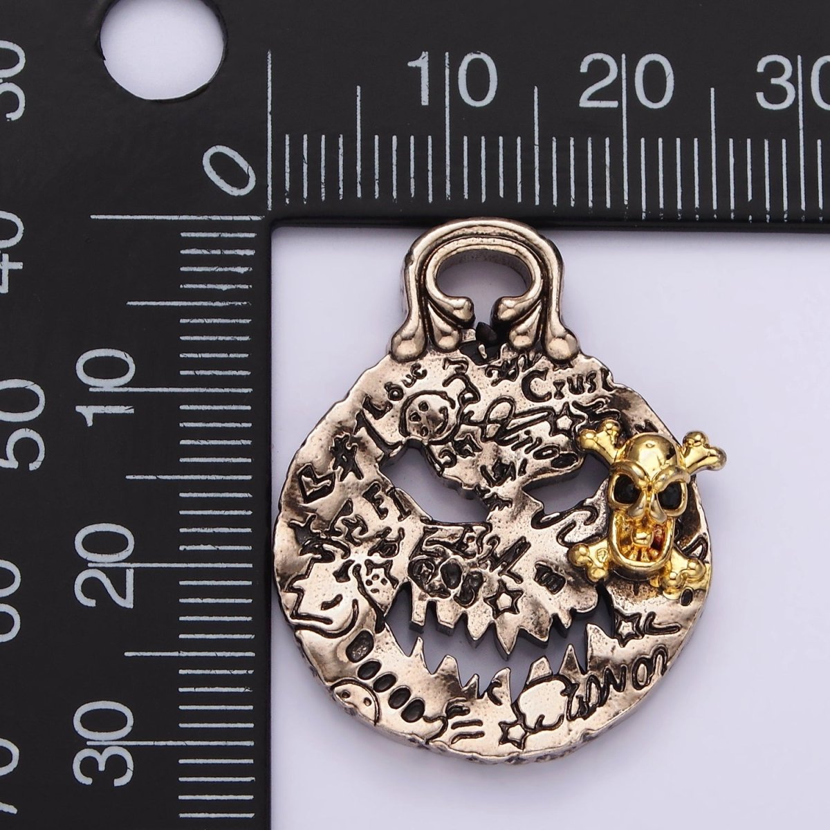 14K Gold Filled Skeleton Engraved Script Hammered Mixed Metal Pendant | P862