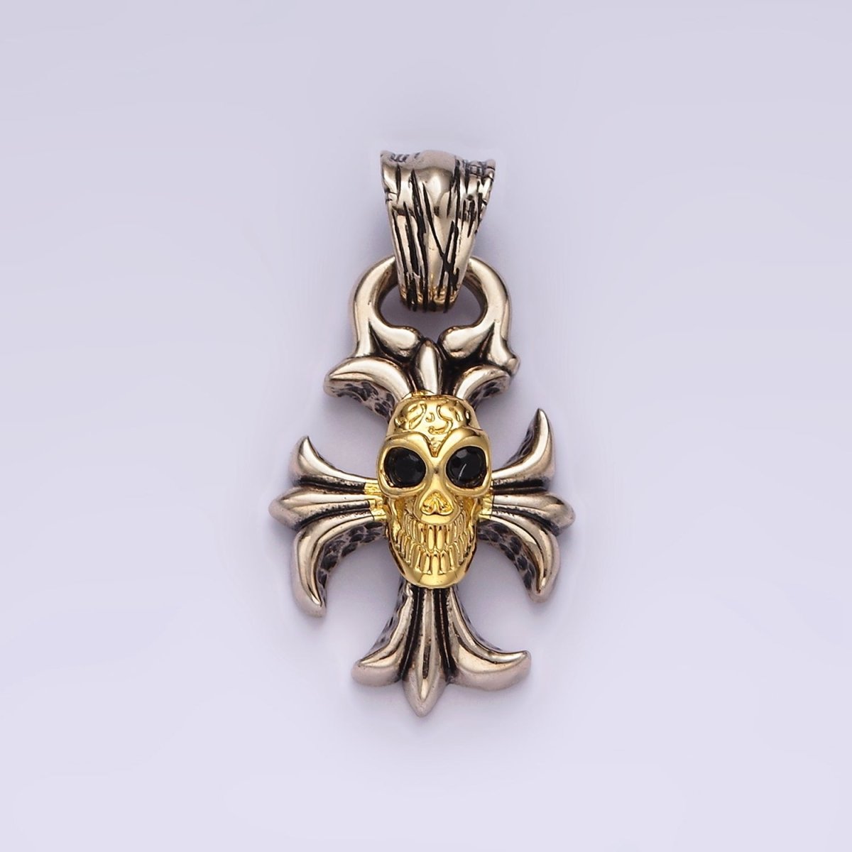 14K Gold Filled Engraved Skull Skeleton Fleury Cross Mixed Metal Pendant | P860