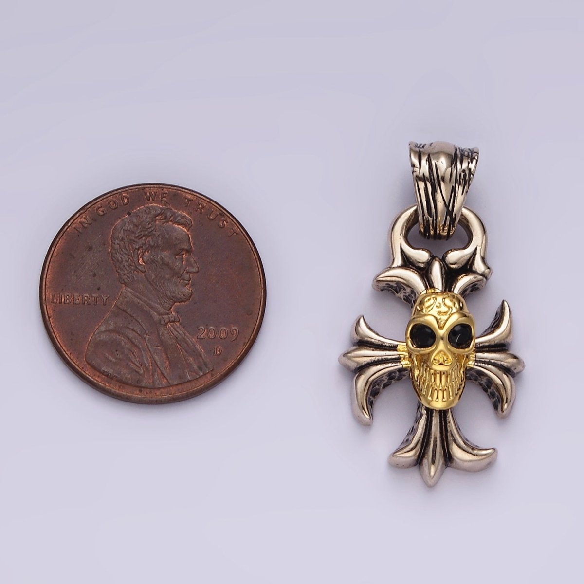 14K Gold Filled Engraved Skull Skeleton Fleury Cross Mixed Metal Pendant | P860