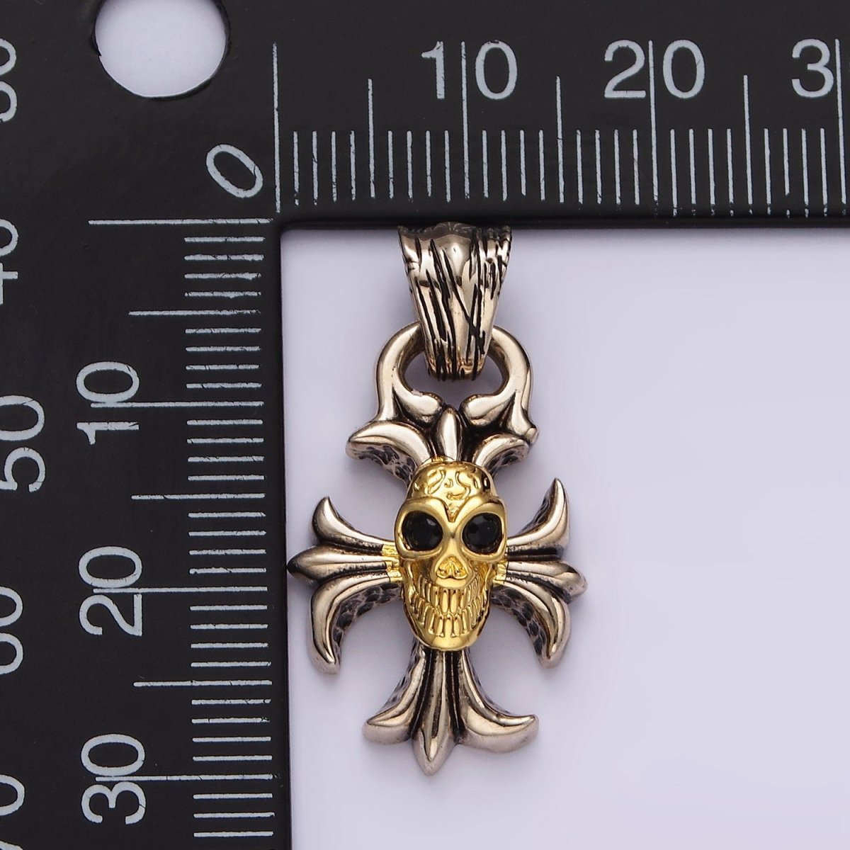 14K Gold Filled Engraved Skull Skeleton Fleury Cross Mixed Metal Pendant | P860