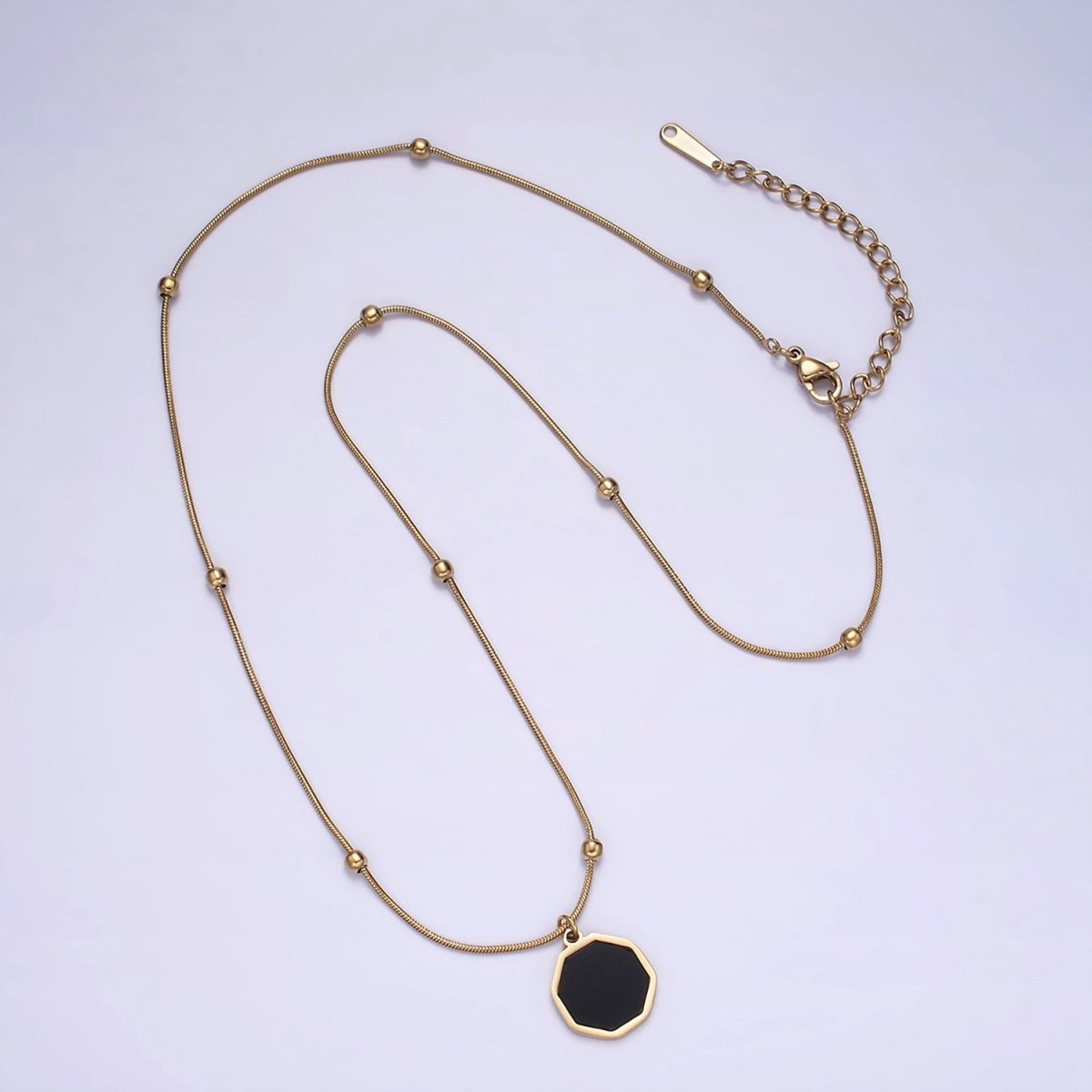 Stainless Steel Black Hexagonal Charm 17 Inch Satellite Snake Chain Necklace | WA-2035 Clearance Pricing