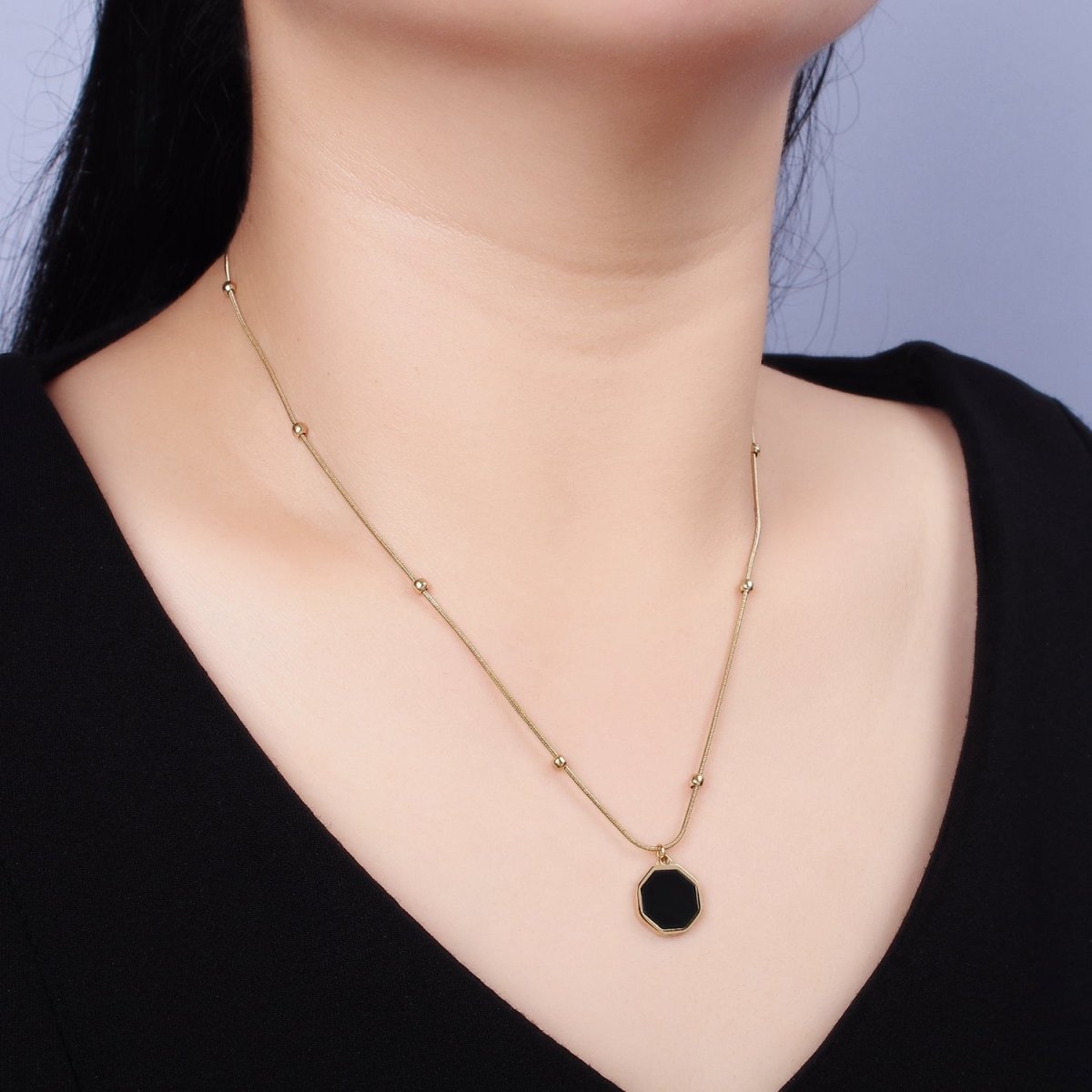 Stainless Steel Black Hexagonal Charm 17 Inch Satellite Snake Chain Necklace | WA-2035 Clearance Pricing