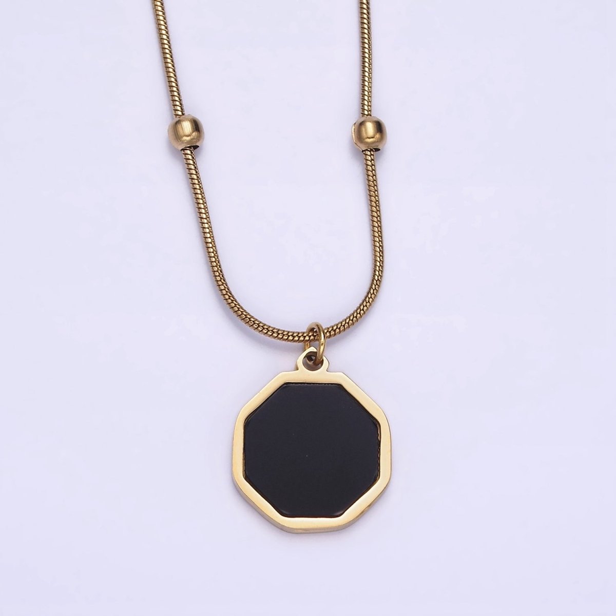 Stainless Steel Black Hexagonal Charm 17 Inch Satellite Snake Chain Necklace | WA-2035 Clearance Pricing