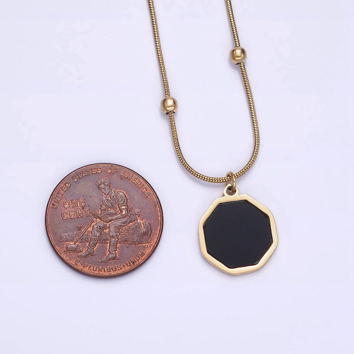 Stainless Steel Black Hexagonal Charm 17 Inch Satellite Snake Chain Necklace | WA-2035 Clearance Pricing
