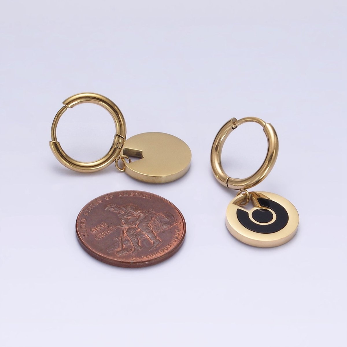 Stainless Steel Black Lined Round Drop Huggie Earrings | AE714