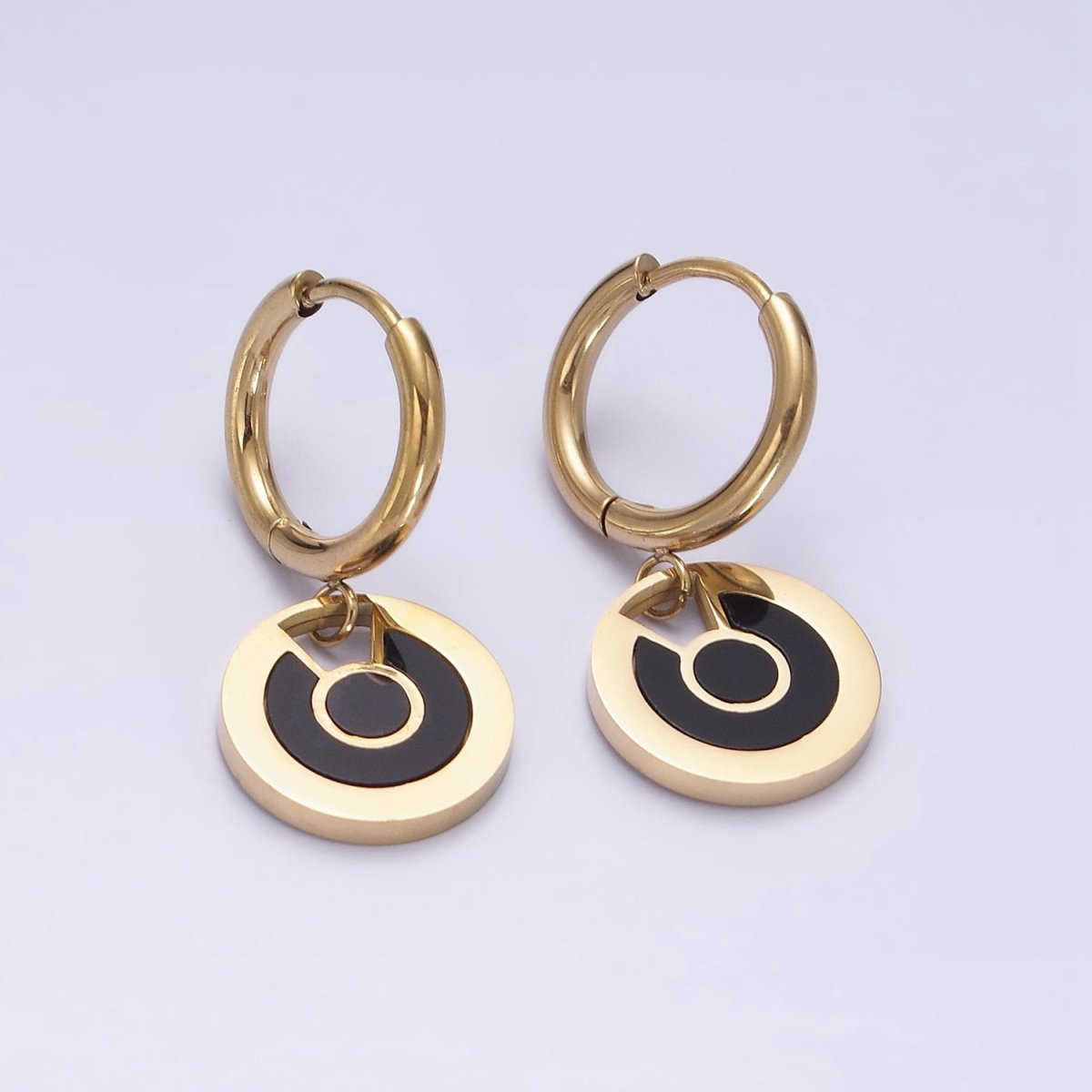 Stainless Steel Black Lined Round Drop Huggie Earrings | AE714