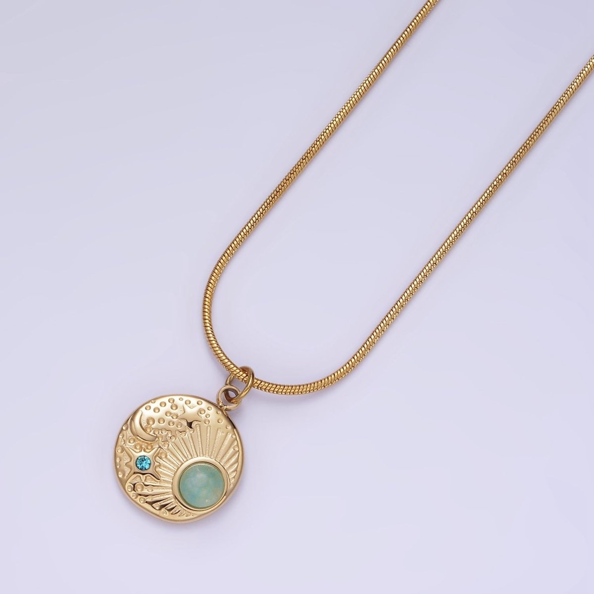 Stainless Steel Blue CZ Amazonite Celestial Charm 16 Inch Cocoon Herringbone Necklace | WA-2357