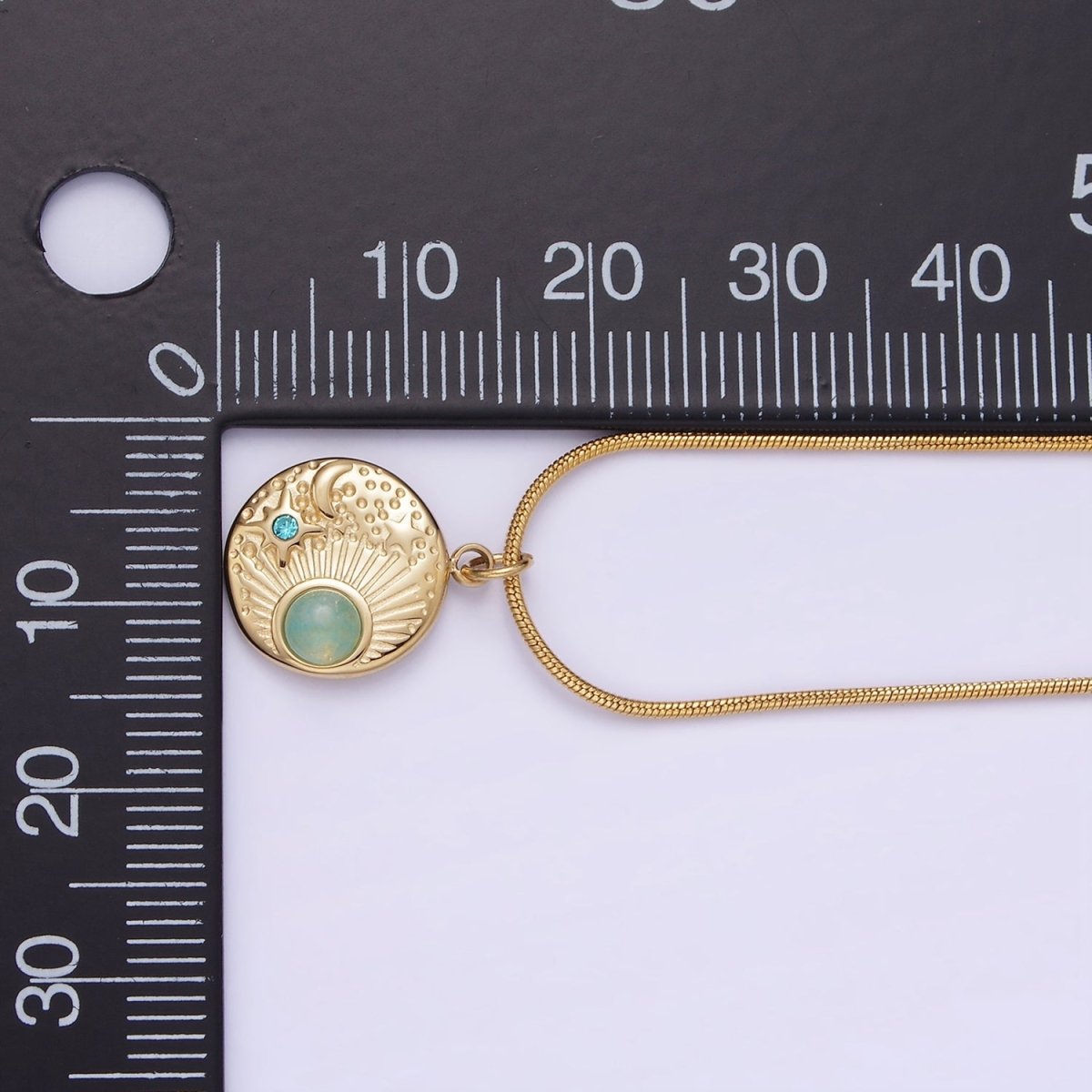 Stainless Steel Blue CZ Amazonite Celestial Charm 16 Inch Cocoon Herringbone Necklace | WA-2357