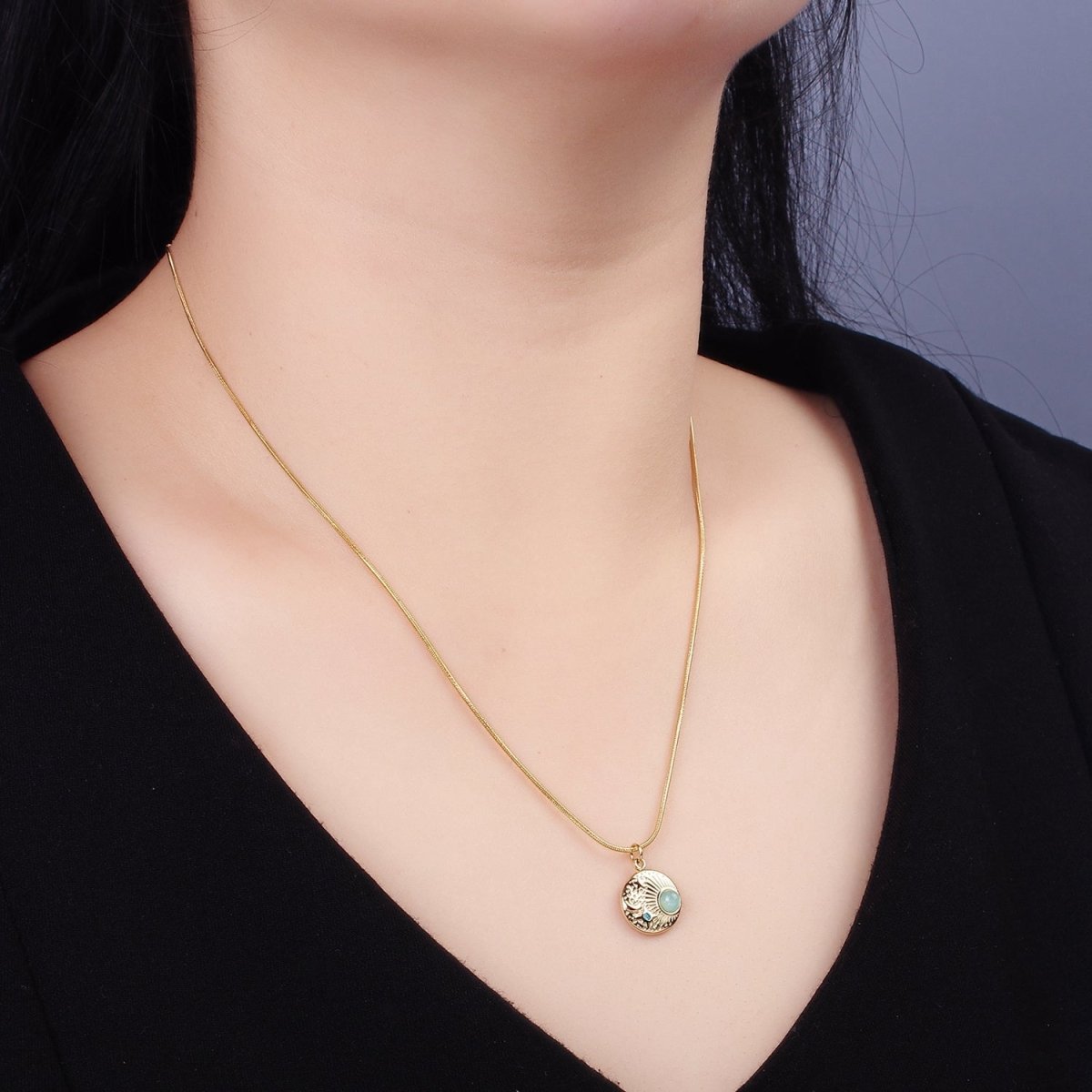 Stainless Steel Blue CZ Amazonite Celestial Charm 16 Inch Cocoon Herringbone Necklace | WA-2357