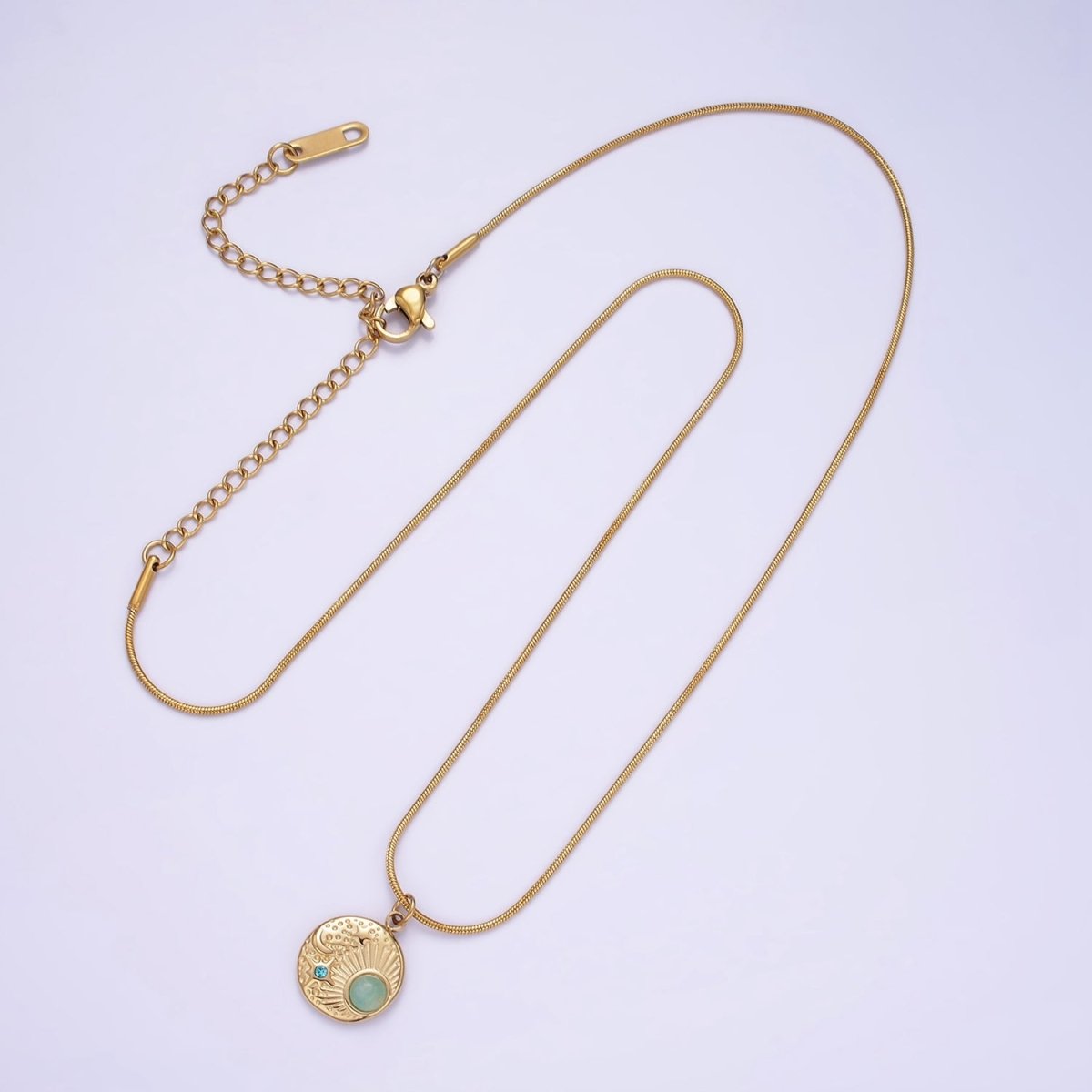Stainless Steel Blue CZ Amazonite Celestial Charm 16 Inch Cocoon Herringbone Necklace | WA-2357