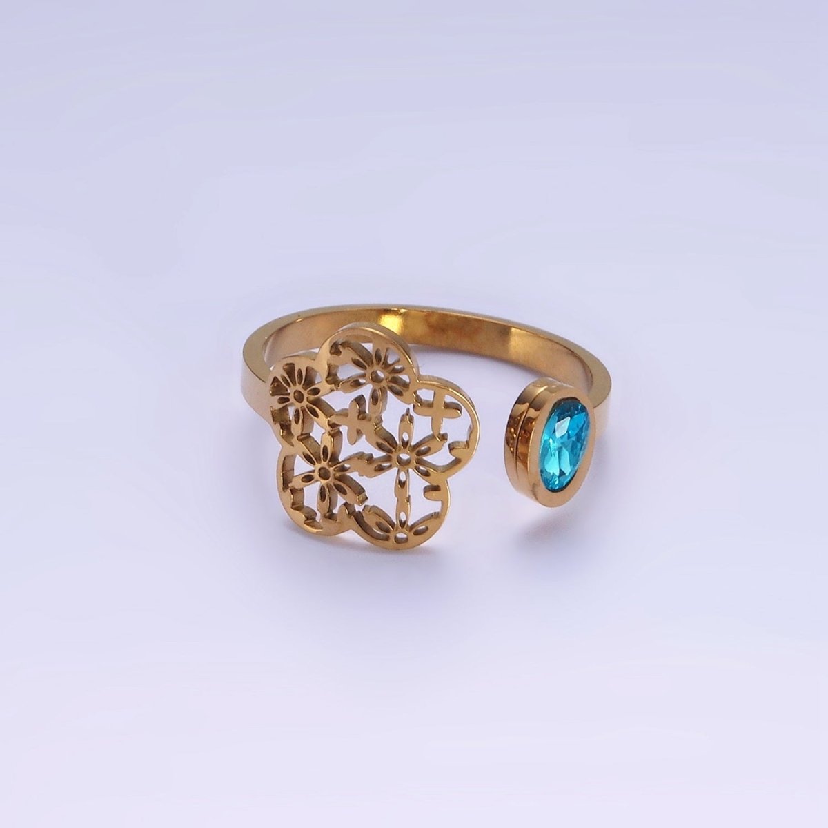 Stainless Steel Blue CZ Bezel Open Flower Filigree Wrap Ring | O1295