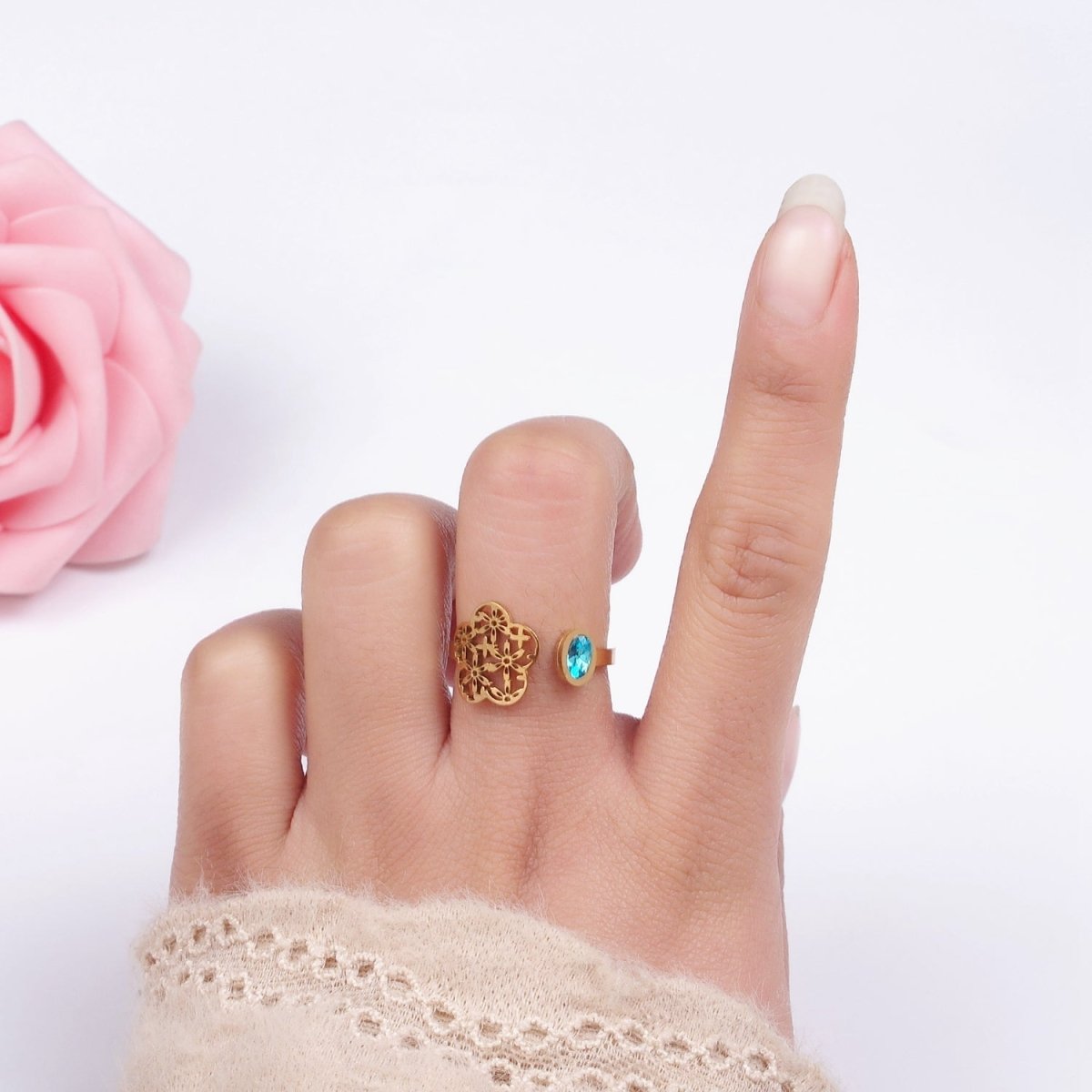 Stainless Steel Blue CZ Bezel Open Flower Filigree Wrap Ring | O1295