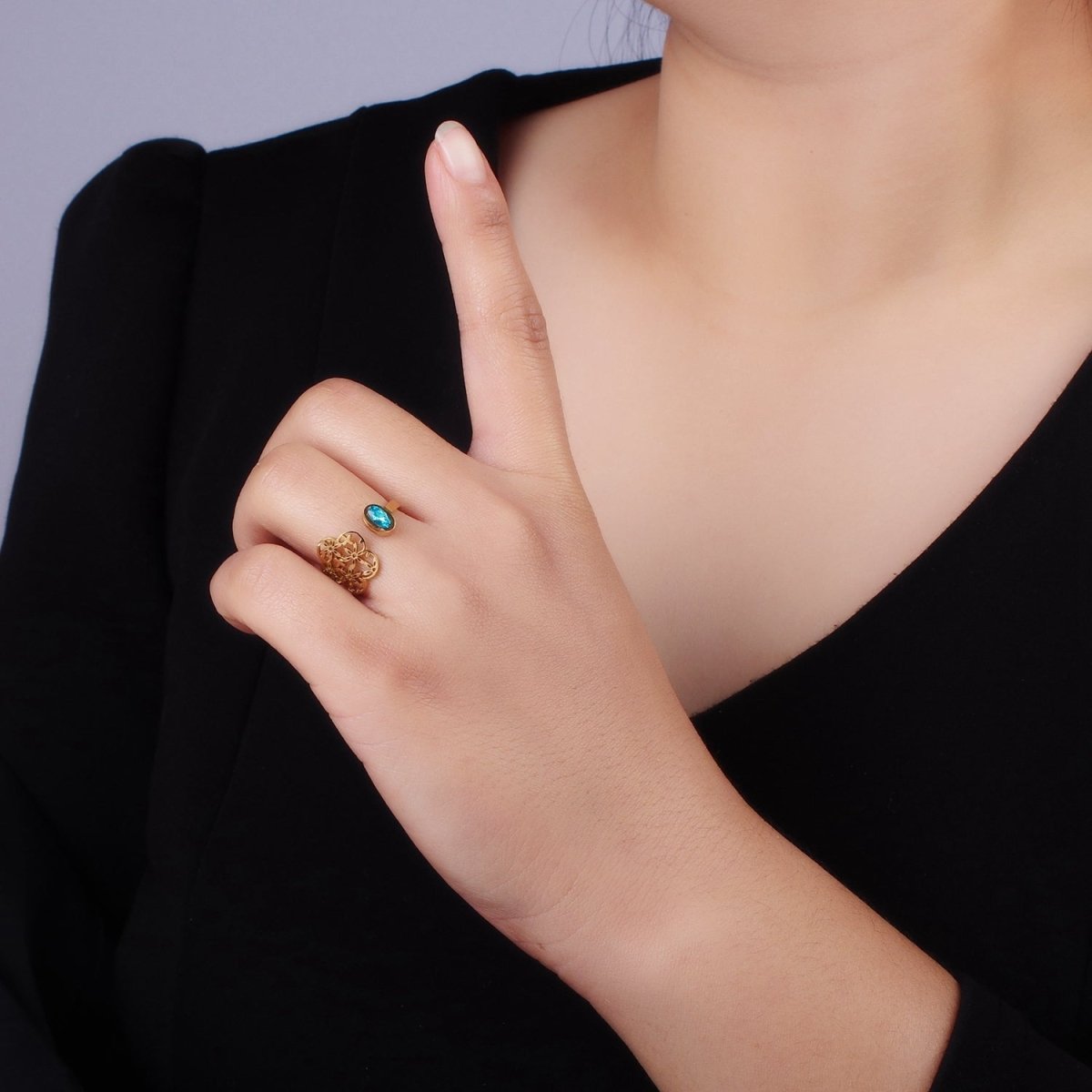 Stainless Steel Blue CZ Bezel Open Flower Filigree Wrap Ring | O1295