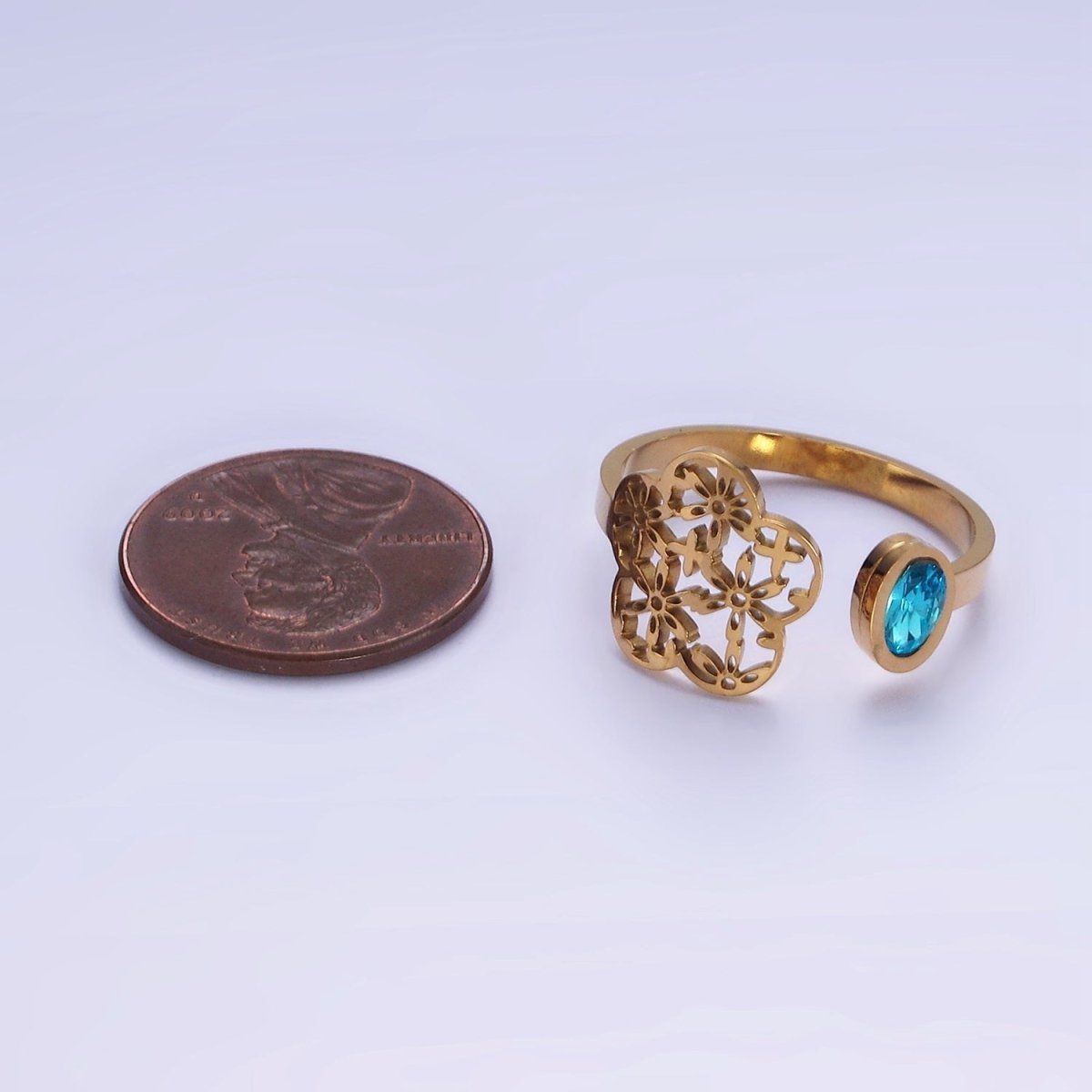Stainless Steel Blue CZ Bezel Open Flower Filigree Wrap Ring | O1295