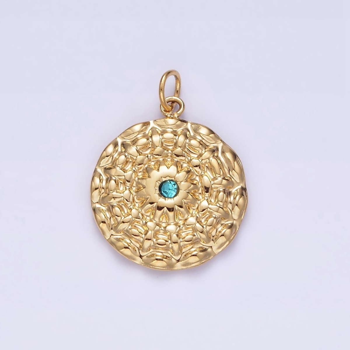 Stainless Steel Blue CZ Celestial Sun Flower Hammered Round Charm  P-622