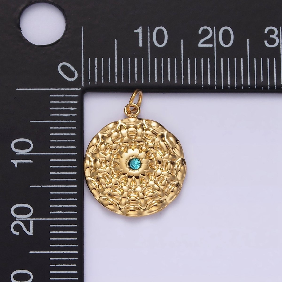 Stainless Steel Blue CZ Celestial Sun Flower Hammered Round Charm  P-622