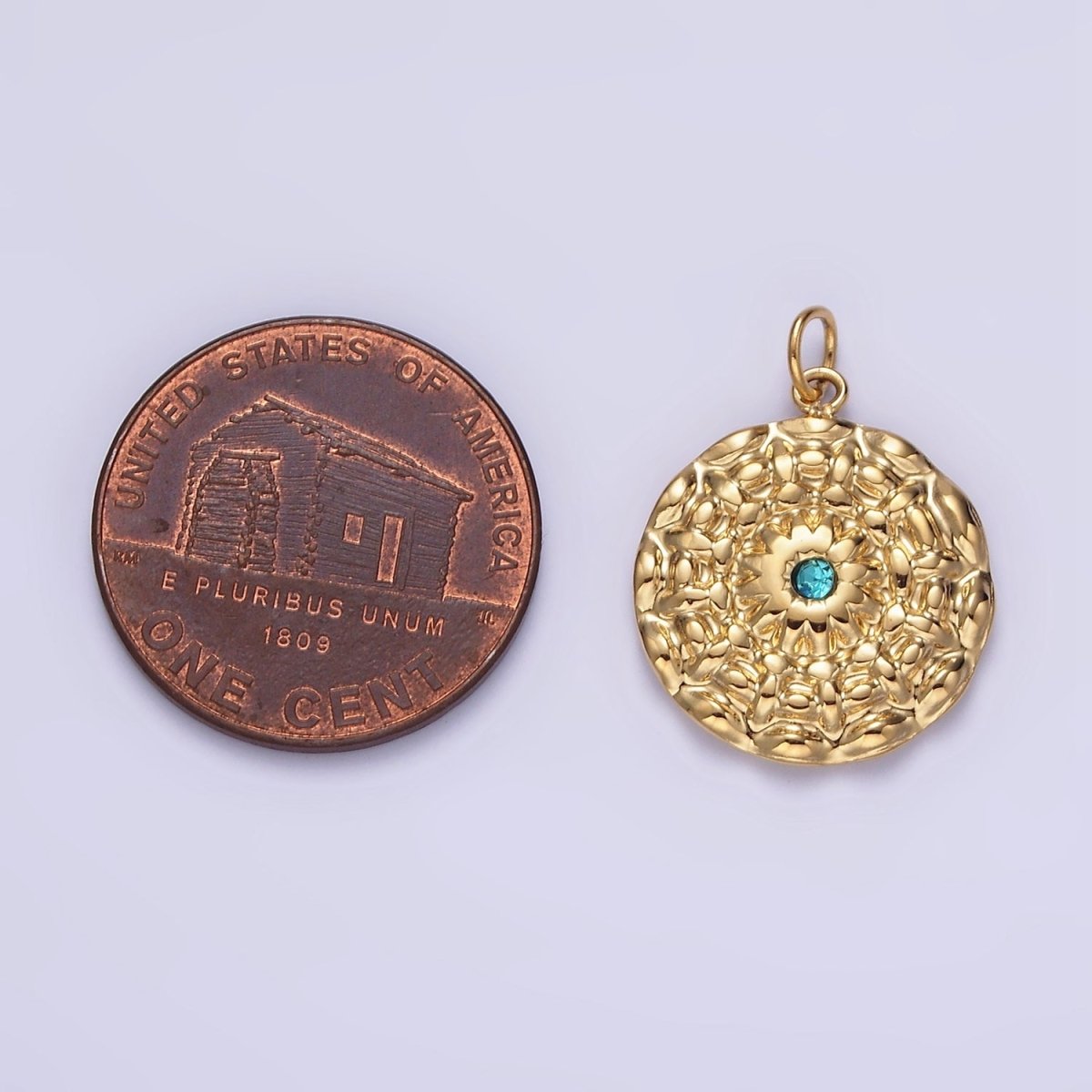 Stainless Steel Blue CZ Celestial Sun Flower Hammered Round Charm  P-622