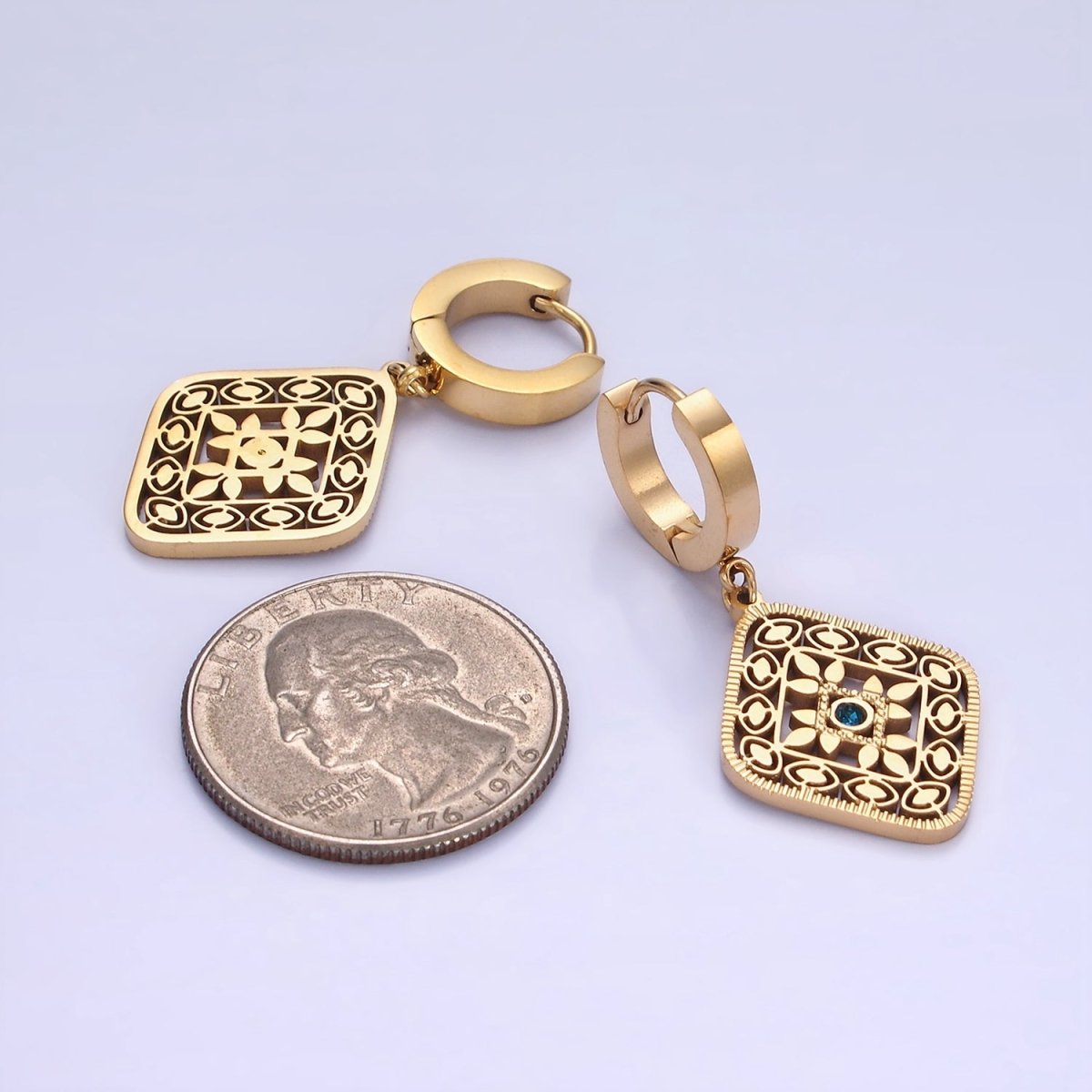 Stainless Steel Blue CZ Flower Filigree Rhombus Drop Huggie Earrings in Gold & Silver | AE477 AE478