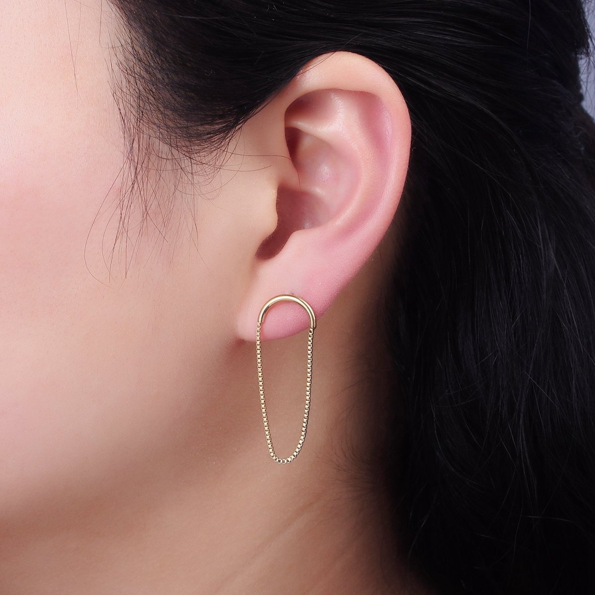 Stainless Steel Box Chain Curved Minimalist Stud Earrings | AB1153