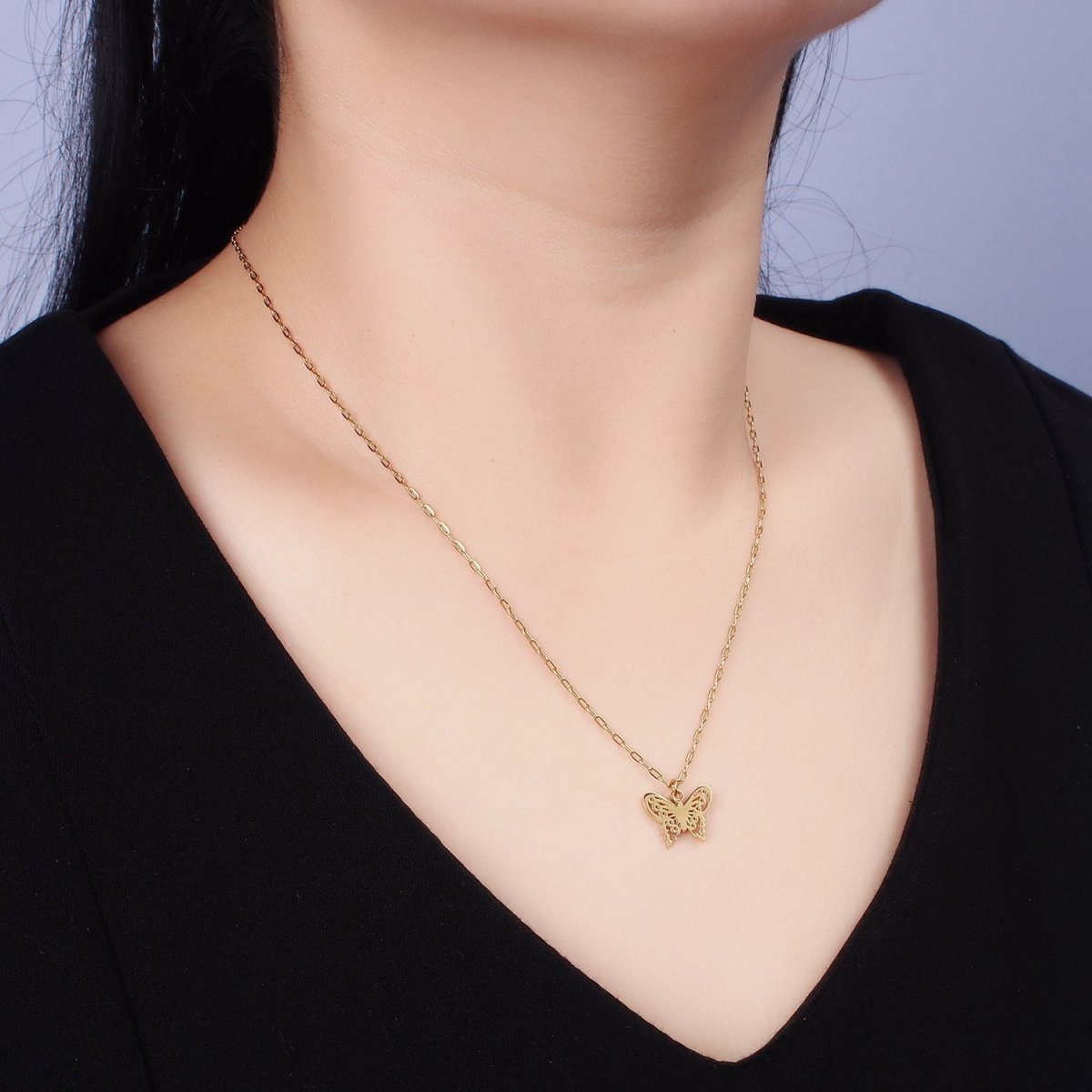 Stainless Steel Butterfly Open Wings Charm 17 Inch Paperclip Chain Necklace | WA-2080 Clearance Pricing