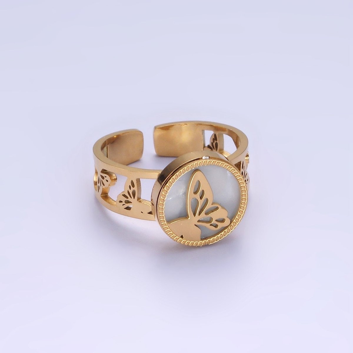Stainless Steel Butterfly Shell Pearl Multiple Outline Double Band Ring | O1298