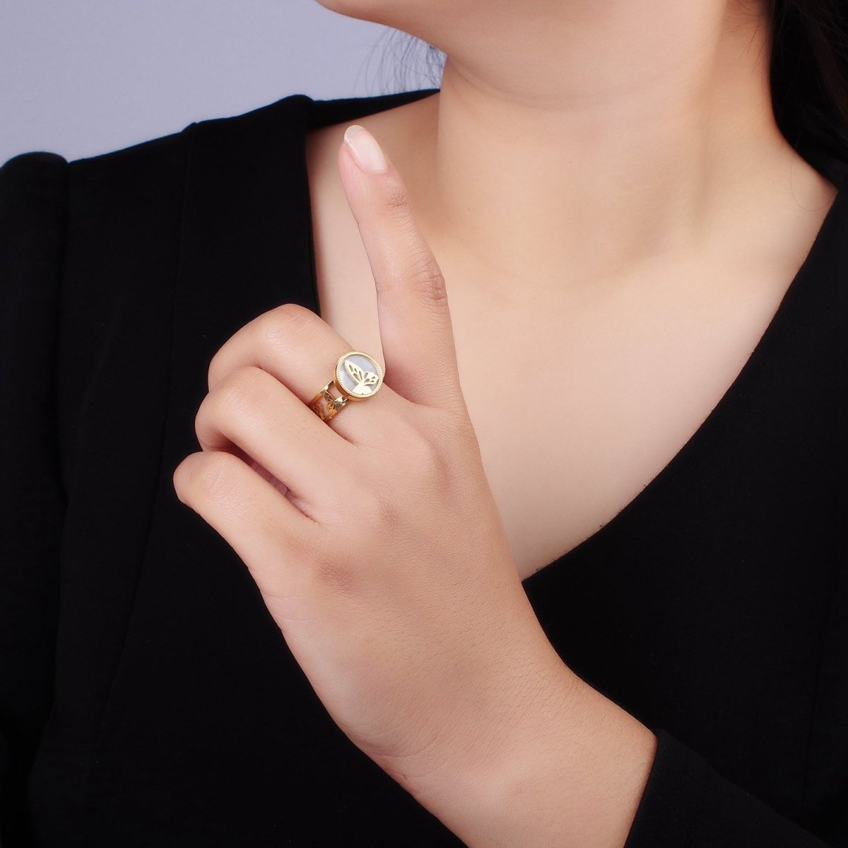 Stainless Steel Butterfly Shell Pearl Multiple Outline Double Band Ring | O1298