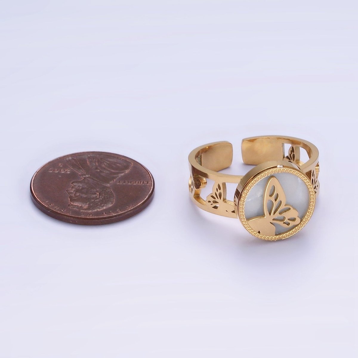 Stainless Steel Butterfly Shell Pearl Multiple Outline Double Band Ring | O1298