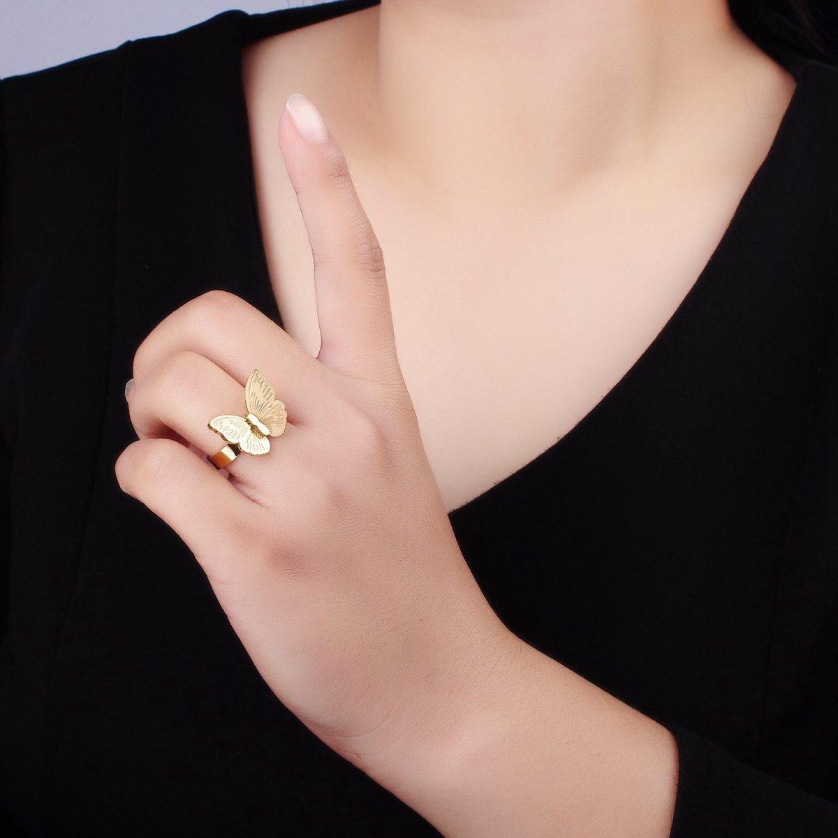 Stainless Steel Butterfly Wings Lined Insect Animal Ring | O1300