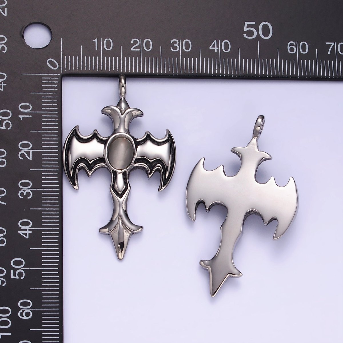 Stainless Steel Cats Eye Bat Wings Fleur Religious Cross Oxidized Silver Charm | P945