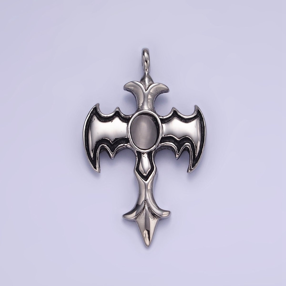 Stainless Steel Cats Eye Bat Wings Fleur Religious Cross Oxidized Silver Charm | P945