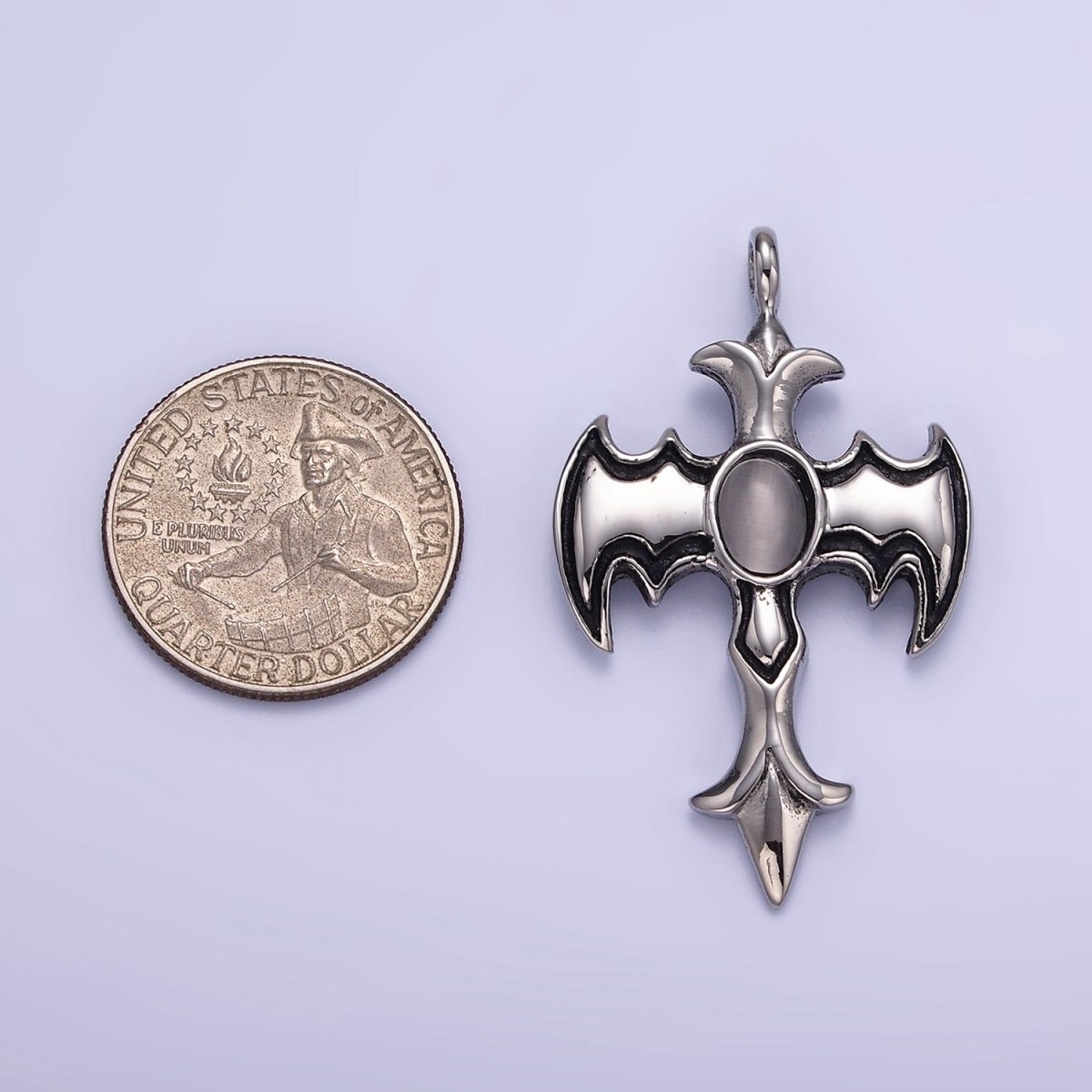 Stainless Steel Cats Eye Bat Wings Fleur Religious Cross Oxidized Silver Charm | P945