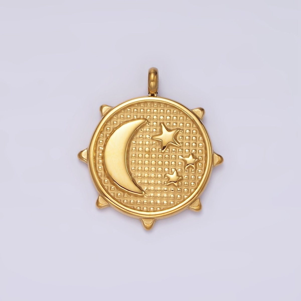 Stainless Steel Celestial Crescent Moon Triple Sun Beaded Sun Charm | P-658