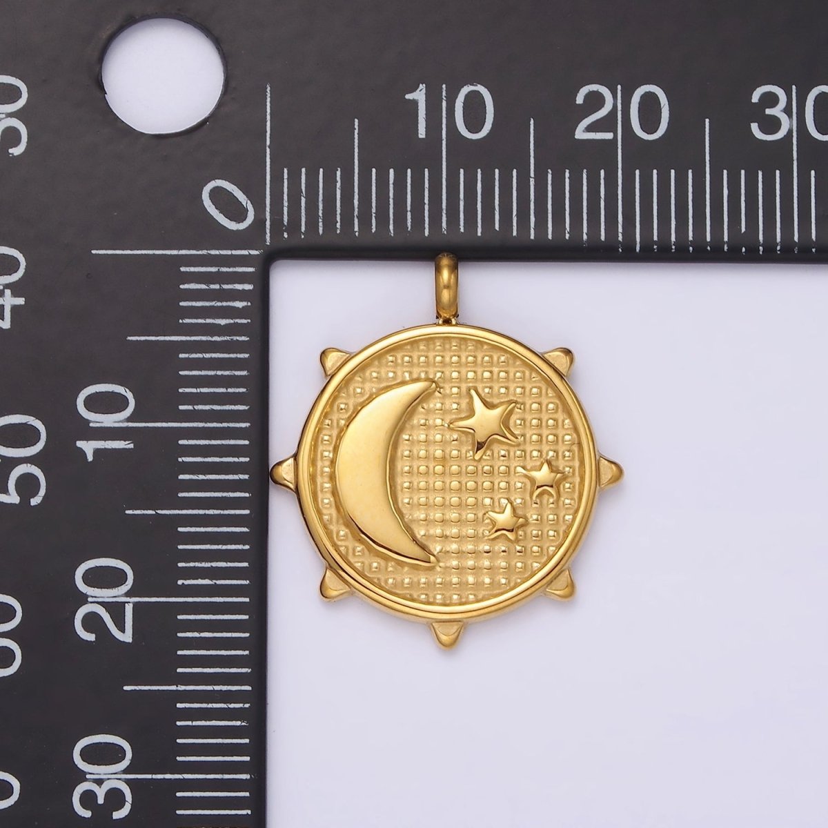 Stainless Steel Celestial Crescent Moon Triple Sun Beaded Sun Charm | P-658