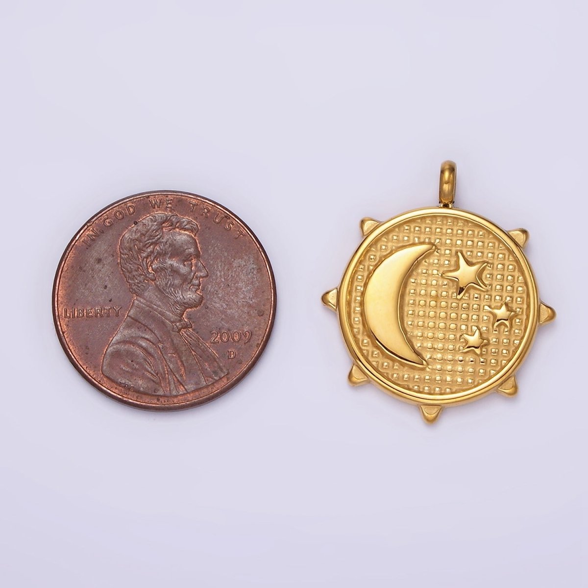 Stainless Steel Celestial Crescent Moon Triple Sun Beaded Sun Charm | P-658