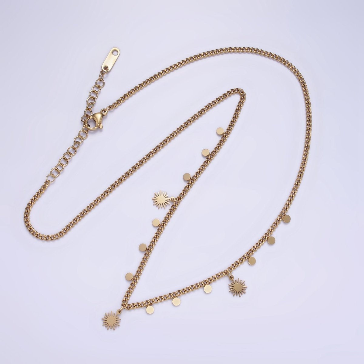 Stainless Steel Celestial Sun Disc 17 Inch Curb Chain Necklace | WA-2078 Clearance Pricing
