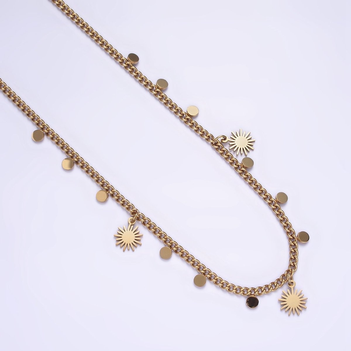 Stainless Steel Celestial Sun Disc 17 Inch Curb Chain Necklace | WA-2078 Clearance Pricing