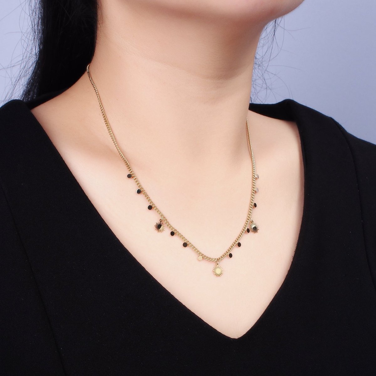Stainless Steel Celestial Sun Disc 17 Inch Curb Chain Necklace | WA-2078 Clearance Pricing