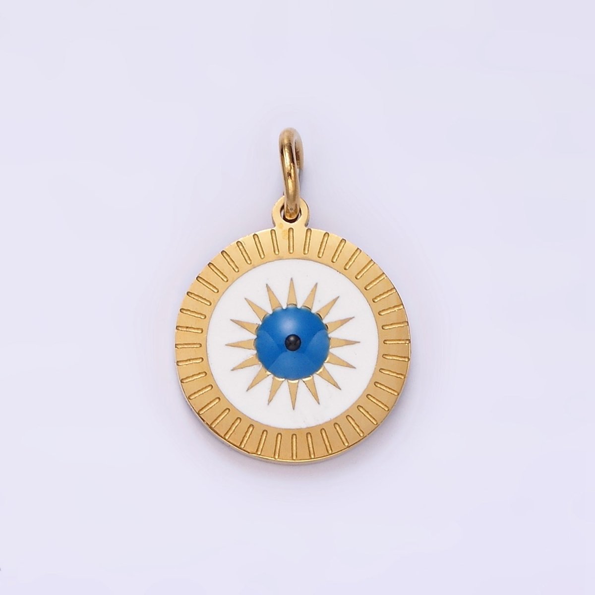 Stainless Steel Celestial Sun Evil Eye Lined Round Charm | P-653