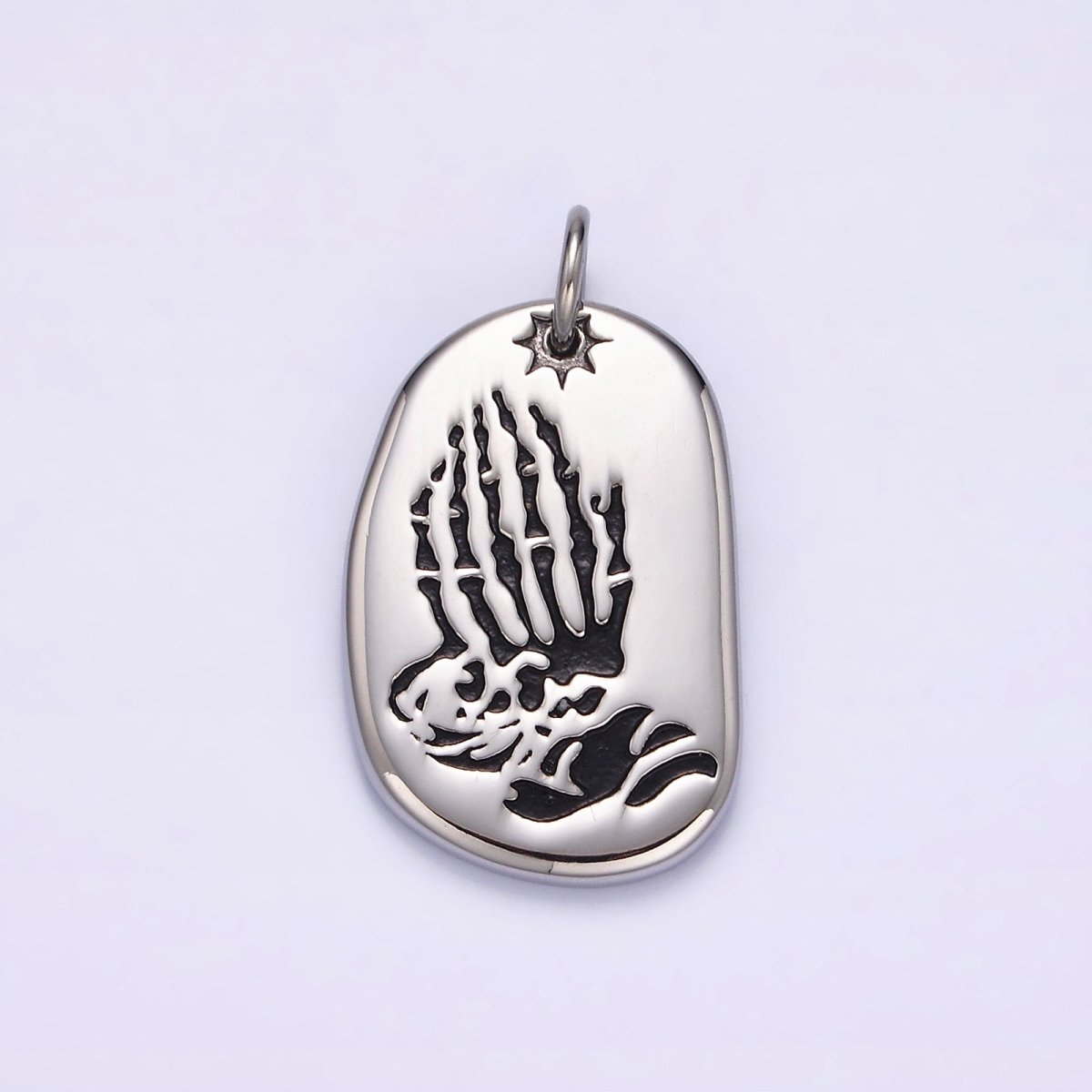 Stainless Steel Celestial Sun Prayer Hand Gesture Abstract Oval Charm P-613