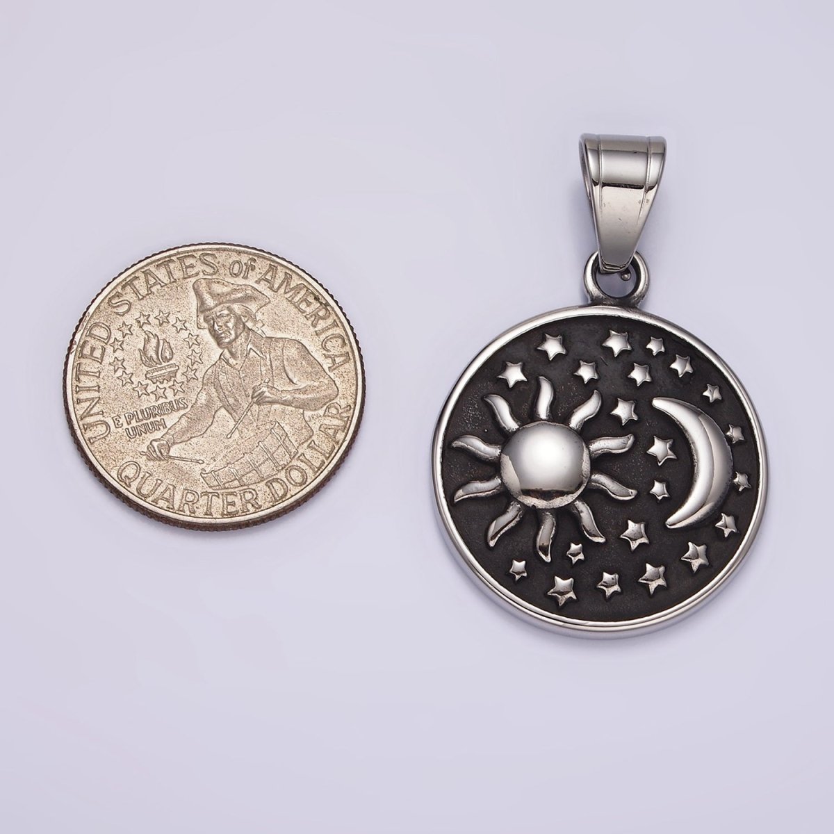 Stainless Steel Celestial Sun Star Crescent Moon Round Oxidized Pendant | P1175