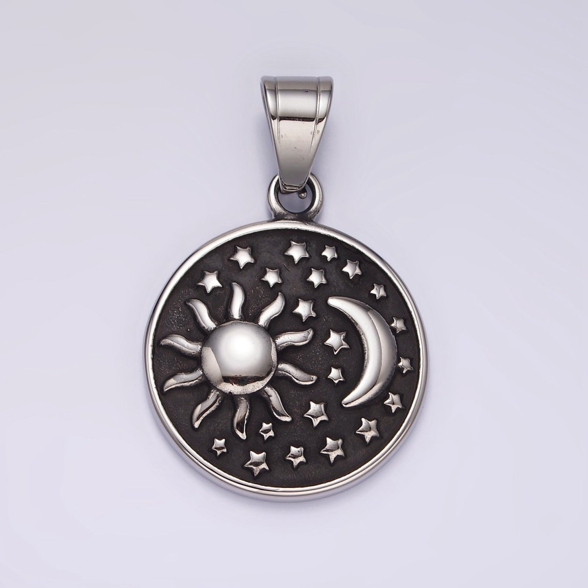 Stainless Steel Celestial Sun Star Crescent Moon Round Oxidized Pendant | P1175