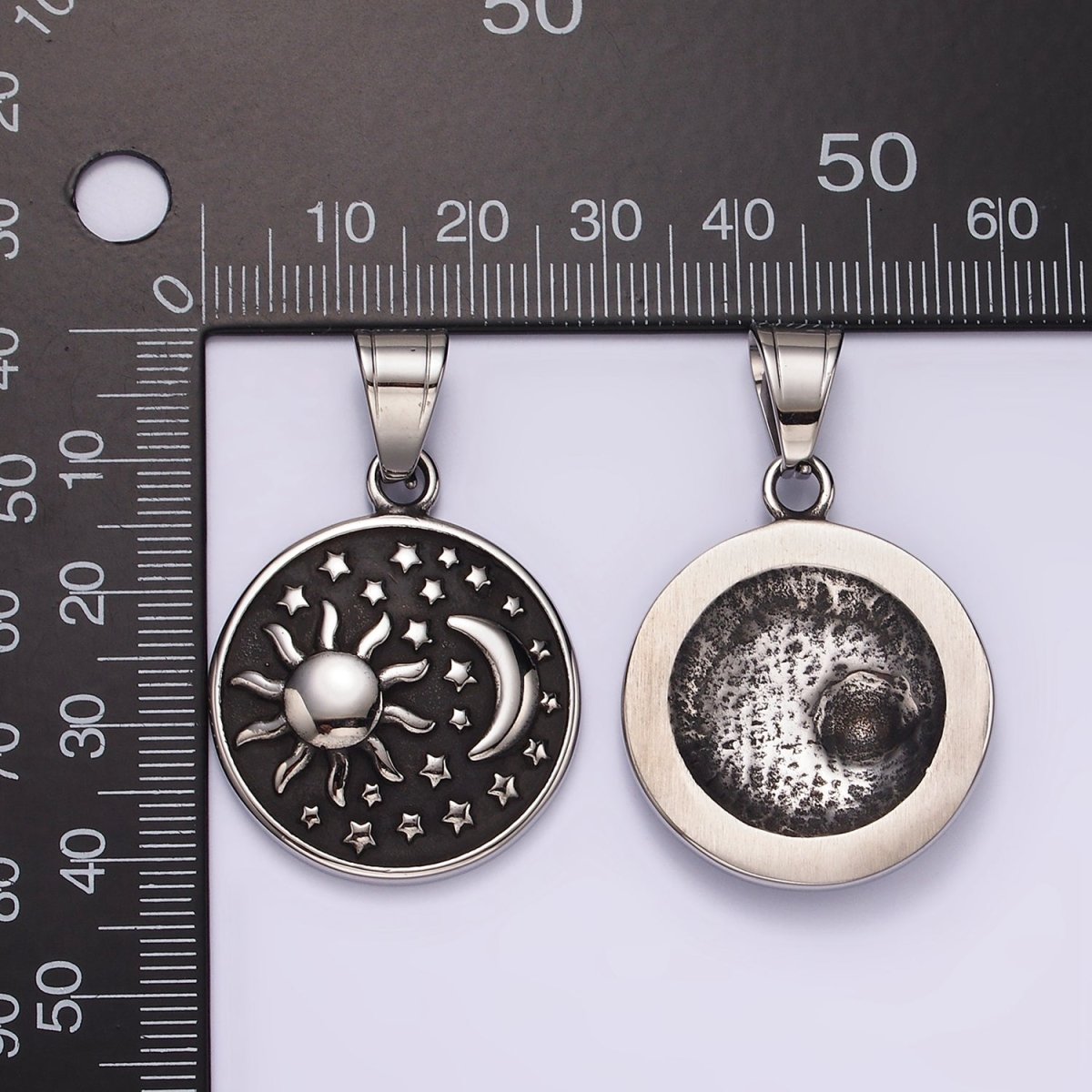 Stainless Steel Celestial Sun Star Crescent Moon Round Oxidized Pendant | P1175