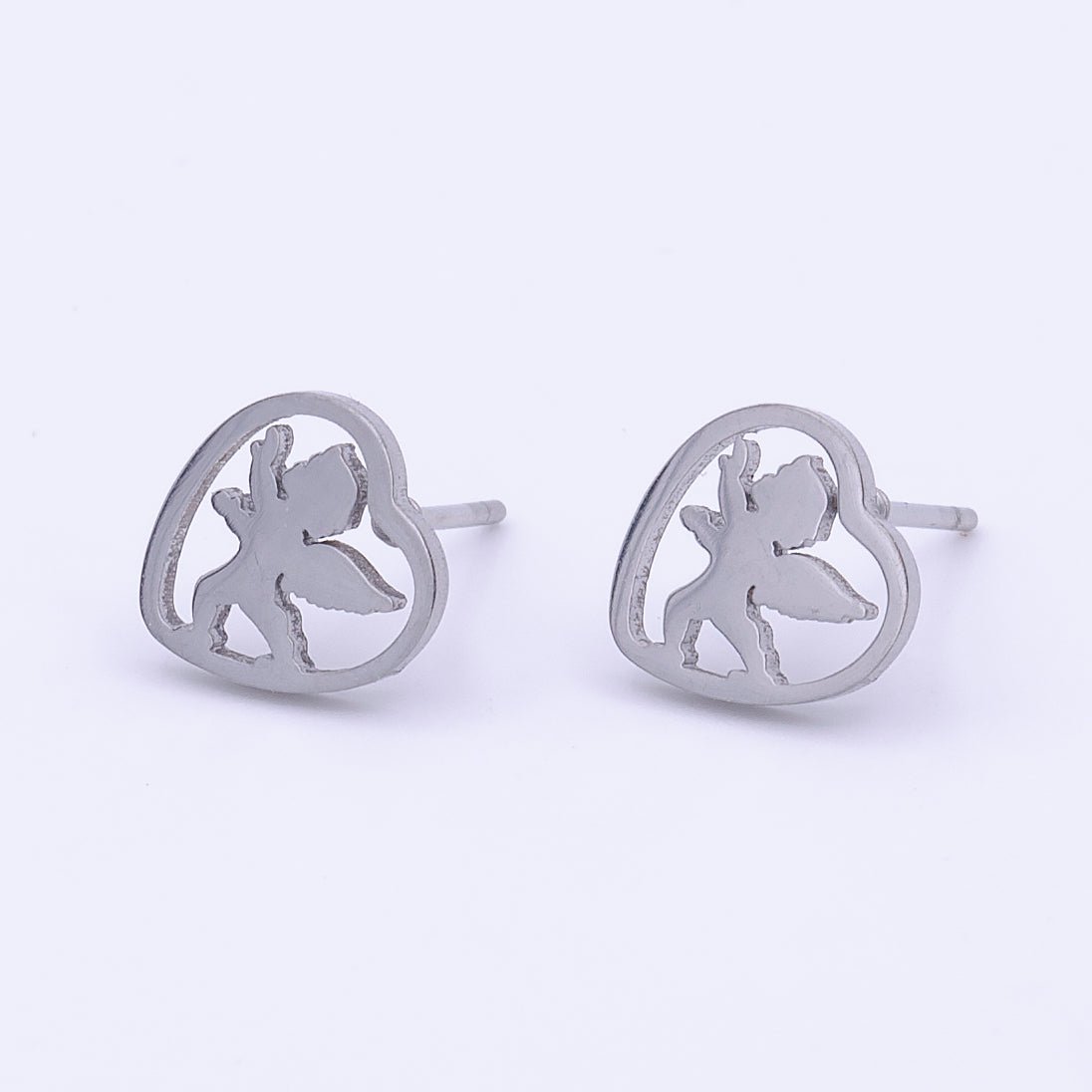 Stainless Steel Cherub Angel Baby Heart Frame Silver Minimalist Stud Earrings | AD-250