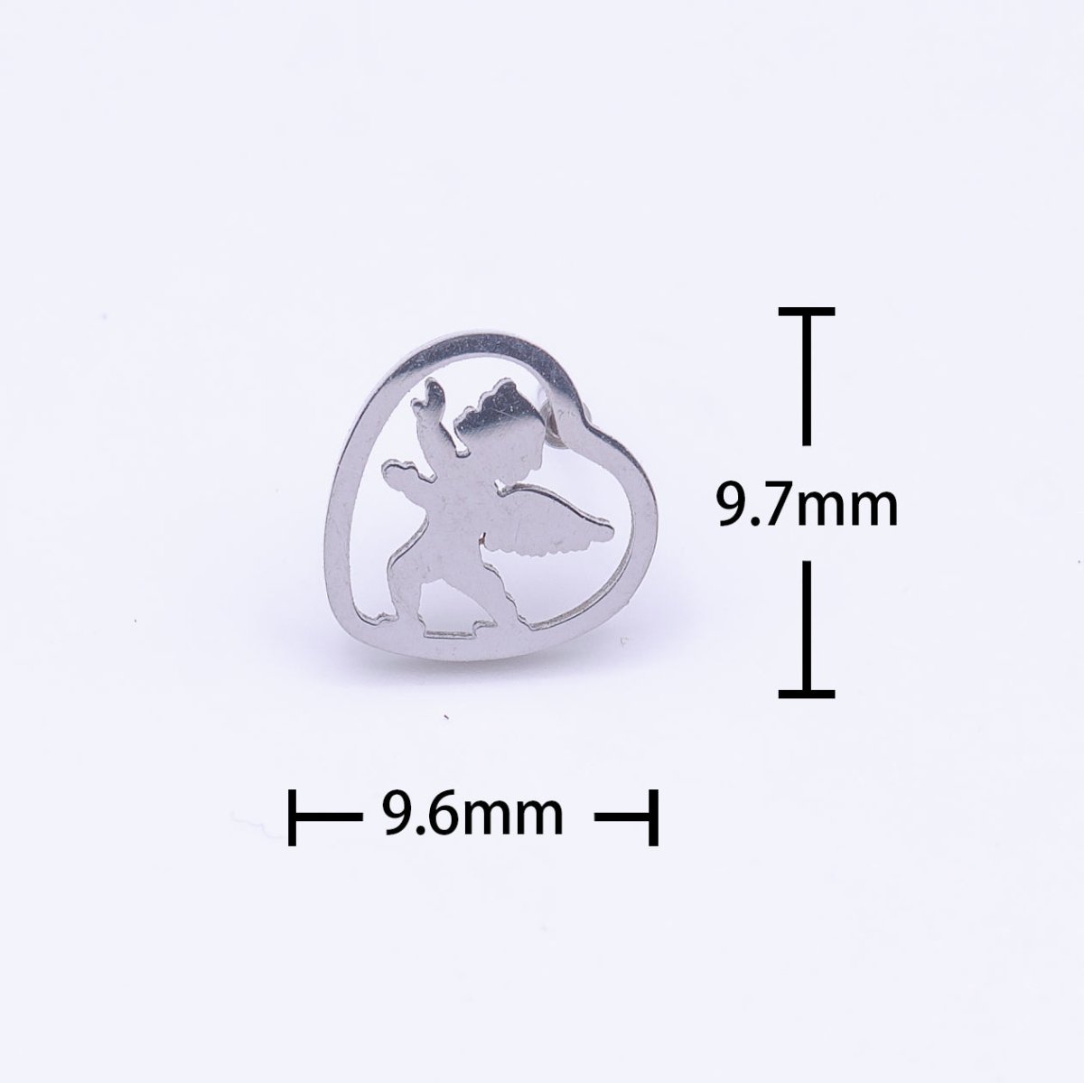 Stainless Steel Cherub Angel Baby Heart Frame Silver Minimalist Stud Earrings | AD-250